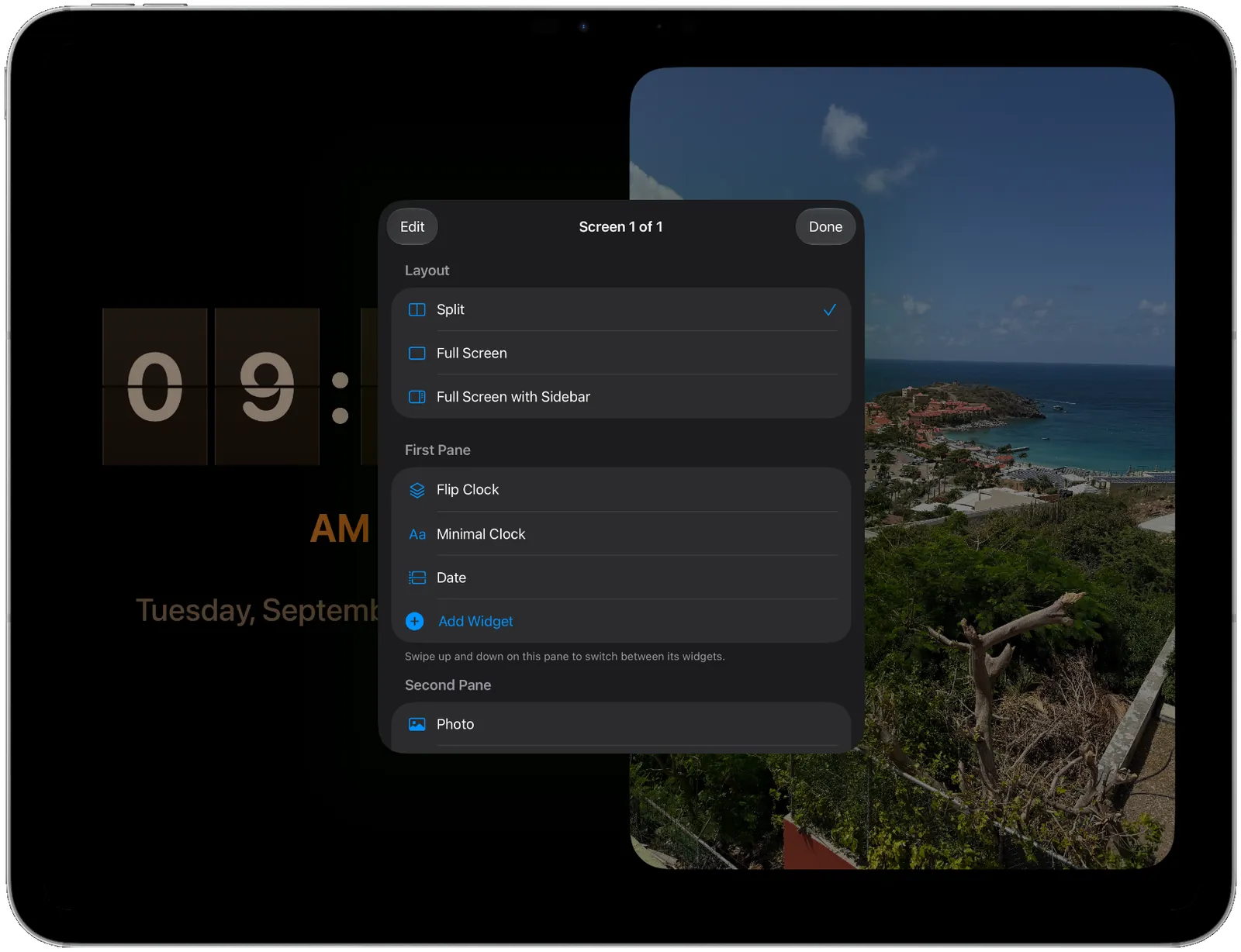 An iPad running Digiframe with the screen editor open over a Split layout: a Layout list with Split selected, then Full Screen and Full Screen with Sidebar; a First Pane holding Flip Clock, Minimal Clock and Date; and a Second Pane holding Photo.